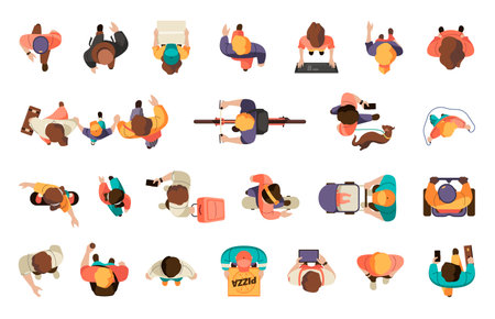 People view from above. People from air. Cartoon characters from air, persons on bike, woman with baby, man on scooter, teen on skateboard. Vector isolated set of movement community illustrationのイラスト素材
