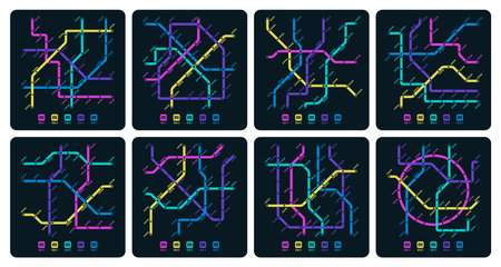Subway dark map. Underground metro station subway map with route direction and number of trains. Vector subway underground station map subway city station illustrationのイラスト素材