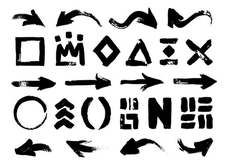 Dry brush figures. Doodle brush strokes and smudge marks of various shapes and sizes, abstract paint brush and texture elements. Vector isolated set of brush design dry grunge paint illustrationのイラスト素材