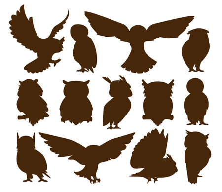 Owl silhouettes. Flying black bird icons for logotype design, nature predator flying silhouettes for tattoo, night owl symbol. Vector isolated set of bird silhouette owl illustrationのイラスト素材