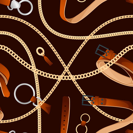 Fashion pattern with belts and chains. Seamless print of luxury accessories, trendy retro chic fashion style. Vector texture of pattern decoration wallpaper illustrationのイラスト素材