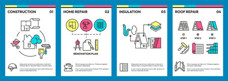 Home repair brochure. Maintenance renovation magazine cover with tools and renovation workman flat style, promotion brochure cover. Vector illustration of maintenance brochure constructionのイラスト素材
