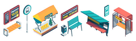 Isometric public transport station. Terminal with seats for trolleybuses and trams, station construction for city transport vehicles. Vector set of transport isometric public station illustrationのイラスト素材