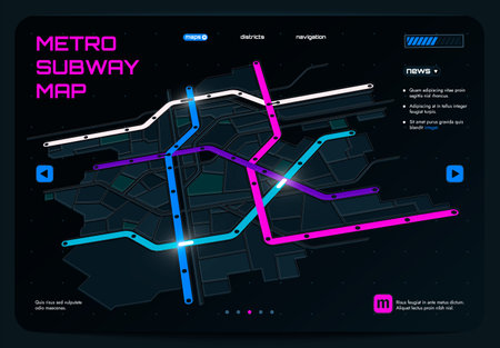 Futuristic smart city map. Underground metro system, metro cartography and navigation, public transport route and station. Vector illustration of smart technologyのイラスト素材