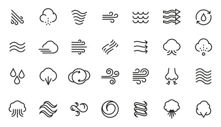 Wind icons. Thin tornado stream line blizzard hurricane zephyr wind elements, flat abstract swirls and flow for logo design. Vector isolated set of swirl air wave weather illustrationのイラスト素材