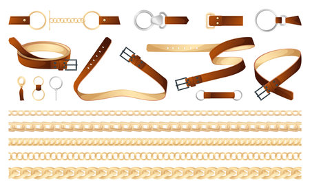 Fashion belts and chains. Abstract decorative fashion accessories, trendy fashion chain and buckle accessories for male and female. Vector set of fashion chain seamless illustrationのイラスト素材