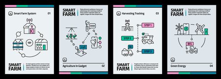 Smart farm banner. Organic agriculture concept with robot drone and GPS technology, farming drone program booklet. Vector illustration. Growing plants, controlling process on applicationのイラスト素材