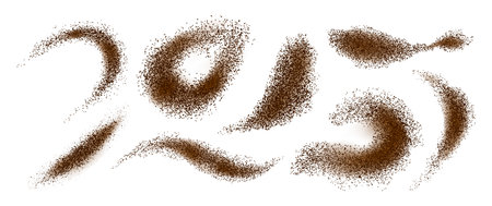 Coffee scatters. Black powder cocoa beans, sugar cacao chocolate grains, splash coffee explosion effect. Vector isolated set. Aroma flow, realistic spiral caffeine ingredient collectionのイラスト素材