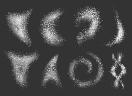Flying powder. Falling flour dust with spices, baking powder and salt for pastry and bread. Vector flour explosion isolated set. Realistic blowing glitter isolated in different shapeのイラスト素材
