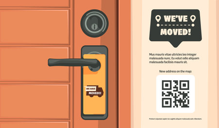 We have moved door sign. Relocation announcement label with pointing to the direction of new address, flat moving info banner. Vector illustration. Template with QR code to find mapのイラスト素材