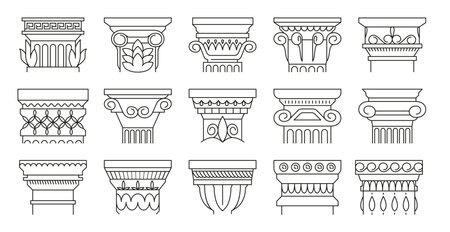 Ancient architectural details. Ancient relief sculpture and classical architecture style, antique mediterranean building facade decoration. Vector isolated set. Creative and elegant constructionのイラスト素材