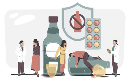 Alcohol addiction treatment. Cartoon man with glass and drunk woman, doctor with medical equipment and patient with pill. Vector illustration. Flat characters in depression near bottleのイラスト素材