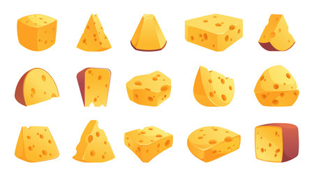 Cheese pieces. Cartoon cheddar blocks, organic parmesan cubes and triangles, dairy eco farm product cutoff pieces. Vector isolated set. Organic food, tasty milk snack, healthy ingredientのイラスト素材