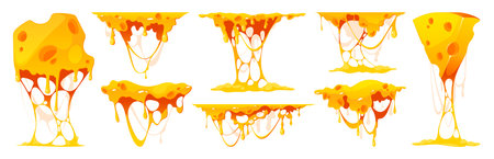Melted cheese. Cartoon melting cheddar and mozzarella, fondue and sauce, gourmet food product stretching and flowing. Vector vegetarian food set. Ingredient for pizza and pasta mealsのイラスト素材