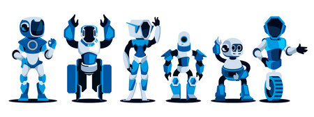 Cartoon robots. Mechanical metal machines, bionic cyborgs and AI chatbot, virtual machine and AI concept. Vector isolated set. Futuristic innovative characters and metal cyborg creaturesのイラスト素材