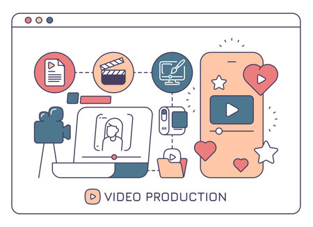 Video production concept. Webinar and streaming video concept with camera and editing software. Cartoon flat video making concept. Vector illustration. Laptop with video contact, smartphone screenのイラスト素材