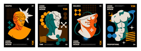 Y2k cover. Abstract modern typography banners with geometric shapes and cosmic elements. Vector 90s retro print design layout. Poster designn with ancient statues and colorful shapes setのイラスト素材