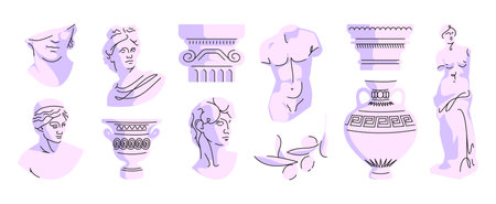 Ancient greek line elements. Doodle ancient roman line stickers, statues and sculptures with vases and antique architectural decorative elements. Vector isolated collection. Artwork and monumentsのイラスト素材
