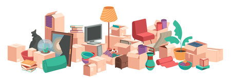 Stuff for relocation. Cartoon moving and relocating service concept, pile of cardboard boxes and belongings. Vector flat illustration. Furniture and household things in packages, new propertyのイラスト素材