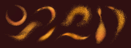 Golden glitter dust background. Confetti shiny effect for party decoration, festive holiday card backdrop. Vector texture. Flying particles, shiny sparks in flowing motion isolated setのイラスト素材