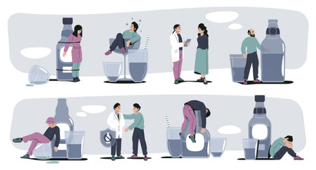 Alcohol abuse people. Cartoon drunk man and woman, alcohol addiction and alcoholism scene with sad drunk people. Vector illustration. Doctor curing disease, unhealthy lifestyle or bad habitのイラスト素材