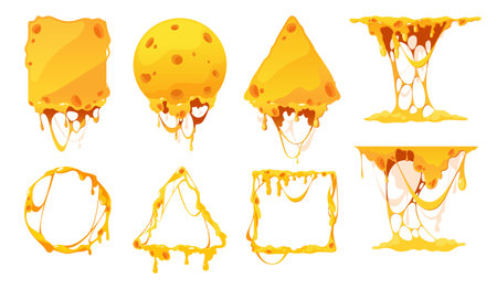 Melted cheese frames. Cartoon melting cheddar slices for fondue, dripping mozzarella for sauce or pasta, tasty dairy product. Vector isolated set. Triangle, square and circle shapesのイラスト素材