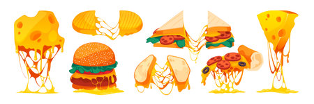 Melted cheese sandwich. Cartoon stretched mozzarella with grilled cheese, fast food with dripping cheese and sauce flat design. Vector set. Hot burger, pizza slice and toast with cheddarのイラスト素材