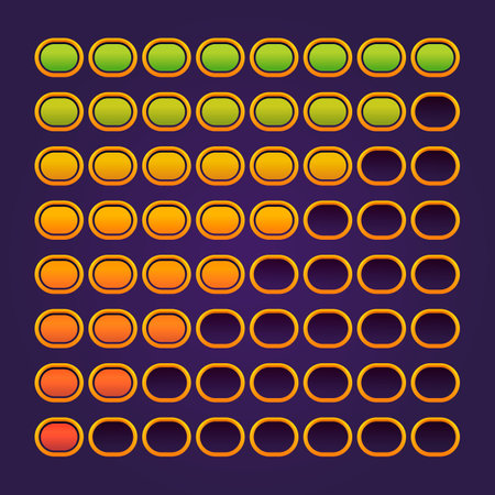 Loading progress bar UI. Game asset of shiny health and score percent indicator, animation UI for mobile web application. Vector colorful set of interface progress game cartoon illustrationのイラスト素材