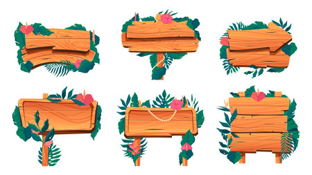 Wooden banners with plants. Exotic floral directional signs, nature decorative frame with leaves and flowers. Vector isolated set of floral wooden banner illustrationのイラスト素材