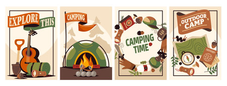 Forest camping poster. Summer outdoor activity brochure with hiking and camping, nature recreation concept. Vector flyer banner for forest adventure, summer travel camp illustrationのイラスト素材