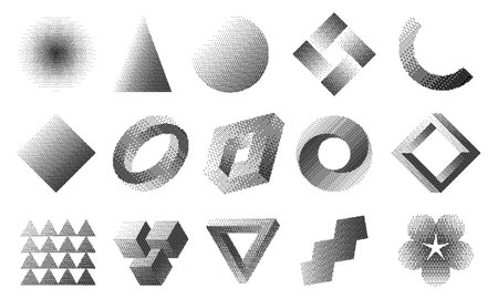 Dithering shapes. Retro 90s style pixel abstract geometric forms, trendy black and white circle and square halftone texture. Vector retro badges of dither bitmap design illustrationのイラスト素材