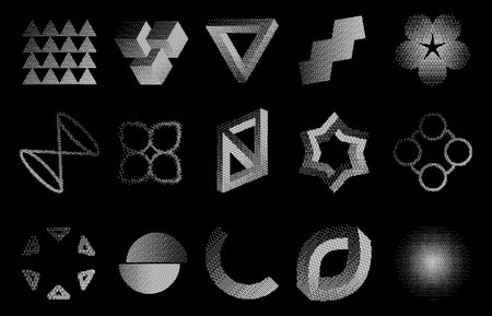 Bitmap dither figures. Abstract pixel gradient geometric shapes with distort and glitch effect. Vector bitmap 90s y2k grunge glitch art set of dither bitmap design illustrationのイラスト素材