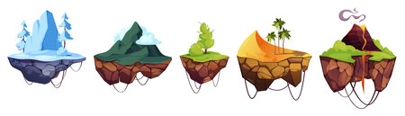 Flying ground platforms. Cartoon floating ground with rocks and stones, collection for video game and cartoon platformer. Vector texture of floating adventure animation illustrationのイラスト素材