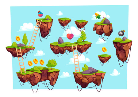 Game level with flying ground. Cartoon 2D stage with coins hearts floating wooden stairs, grass and stones for mobile platform game. Vector illustration of ground game level, platform landscapeのイラスト素材