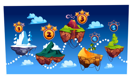 Game level map with floating ground. Screen stage scene with sky, rocks, trees and grass, lake and mountain. Vector fantasy landscape with floating rocks. Illustration of platform cartoon landscapeのイラスト素材
