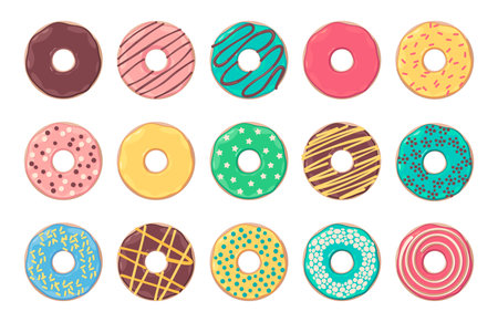 Cartoon donut. Cute colorful bakery glazed donut with hole, colorful sweet pastry donuts for kids birthday party, cute bakery dessert. Vector isolated setのイラスト素材
