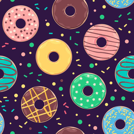 Donut pattern. Seamless print of round sweet bakery dessert with hole, cartoon cute sugar cake with chocolate glaze and sprinkles. Vector textureのイラスト素材