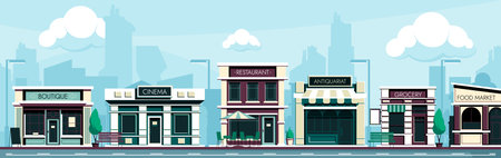 Shopping street. Cartoon city street with stores and cafe, sidewalk with trees and benches, urban landscape with storefronts. Vector illustrationのイラスト素材