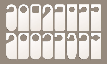 Hotel door hangers. Closed room sign, paper tag for handle with do not disturb or cleaning message, motel entrance privacy concept. Vector isolated setのイラスト素材