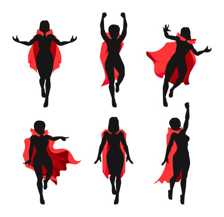 Female superhero in red cloak. Cartoon strong woman in flying superhero costume, comic book female character in flying cape. Vector superheroine silhouette setのイラスト素材