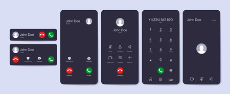 Incoming call UI elements. Smartphone overlay with accept decline call buttons, mobile phone screen with text message and call icons. Vector flat setのイラスト素材