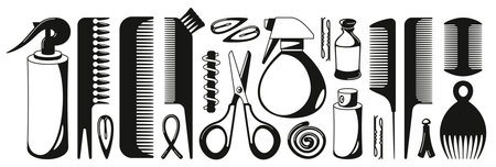 Black hairbrushes. Silhouette of hair styling tools, hairdresser equipment for hair care, salon accessories for hairdresser. Vector collection. Isolated objects for hairstyle and cutting servicesのイラスト素材