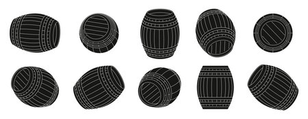 Black barrels. Wooden keg containers for alcohol storage, pub brewery bar restaurant equipment, cartoon cask with beverage. Vector isolated setのイラスト素材