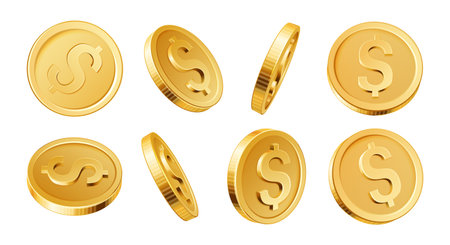 3D golden dollar coins. Realistic gold coin dollars different views. Gambling money saving and banking, investment financial cash symbol isolated vector set. Winning in lottery or casinoのイラスト素材