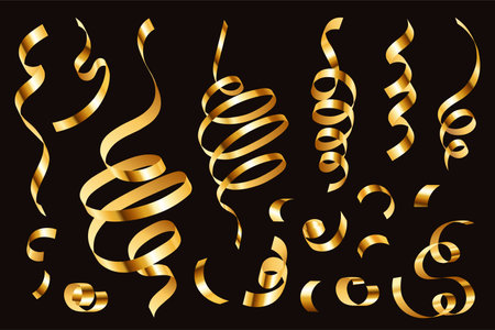 Golden confetti. Gold ribbon 3D realistic serpentine, festive anniversary and christmas decoration, bright festive tinsel of gold color vector isolated set. Sparkling decor for holiday partyのイラスト素材
