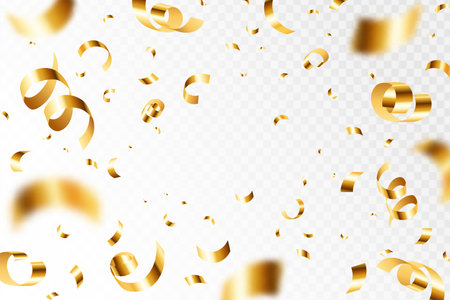 Golden confetti explosion. Falling shiny gold serpentine, flying ribbons. Glossy gold paper pieces fly, scatter around. 3D realistic vector isolated texture. Glossy festive elements for celebrationのイラスト素材