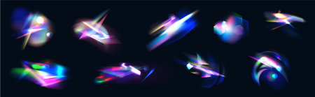 Rainbow crystal light leak flare reflection effect. Optical lens reflections overlay. Colorful glass prism Iridescent lights beam diamond holographic overlay streaks on dark. Vector realistic set.のイラスト素材