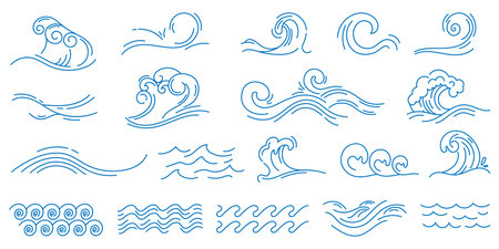 Water line waves. Sea wave with splashes, blue ocean wavy decorative shapes. Water linear marine decoration. Abstract aqua, liquid flow simple graphics, nautical oceanic surf symbols vector set.のイラスト素材