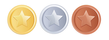 Game coins. Golden, silver and bronze metal coin or game chip with star, front view avers. 3d realistic vector isolated elements for online games, casino gambling prizeのイラスト素材