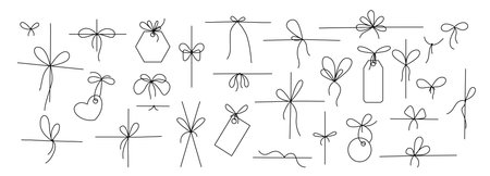 Line gift bow. Thin twine for gift parcel wrap, black line rope cord with simple knot and bow ribbons, price tags for birthday or Christmas present package decoration. Vector doodle nodes set.のイラスト素材